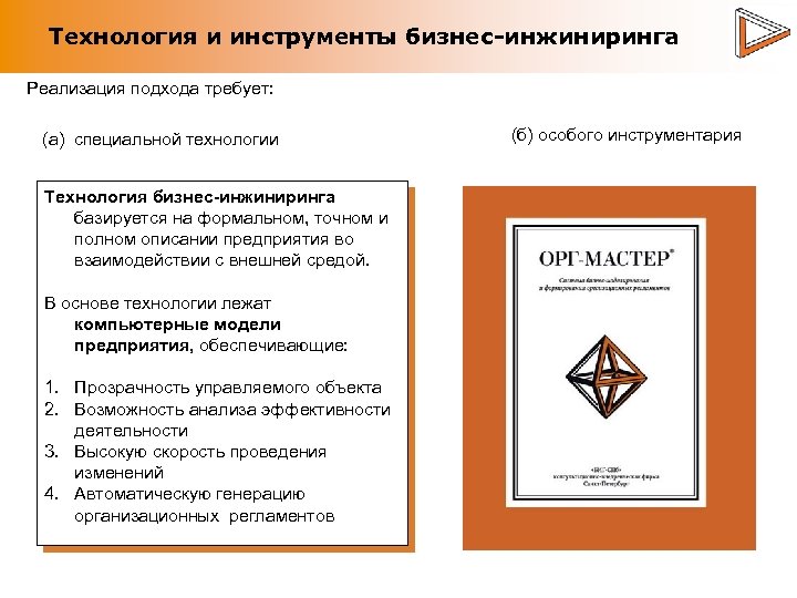 Технология и инструменты бизнес-инжиниринга Реализация подхода требует: (а) специальной технологии Технология бизнес-инжиниринга базируется на