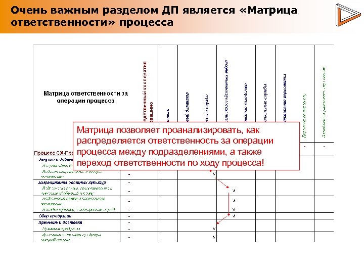 Очень важным разделом ДП является «Матрица ответственности» процесса Матрица позволяет проанализировать, как распределяется ответственность