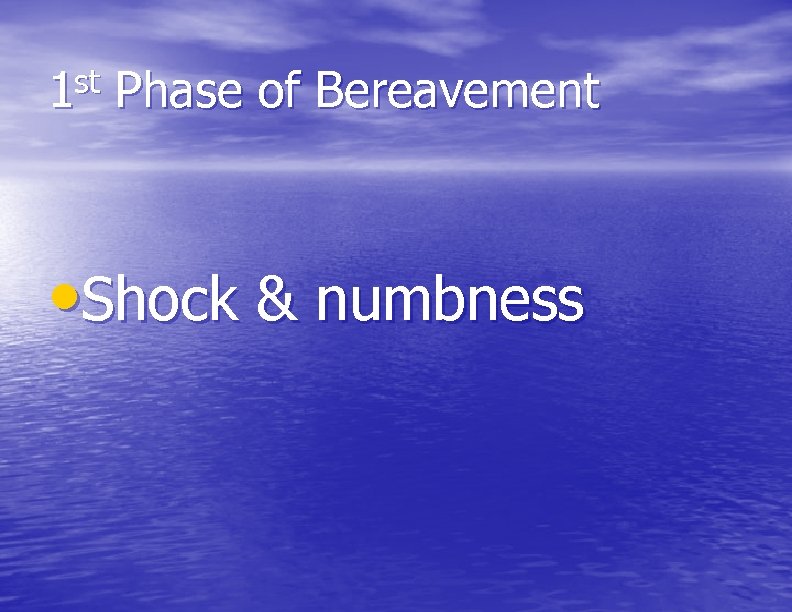 1 st Phase of Bereavement • Shock & numbness 