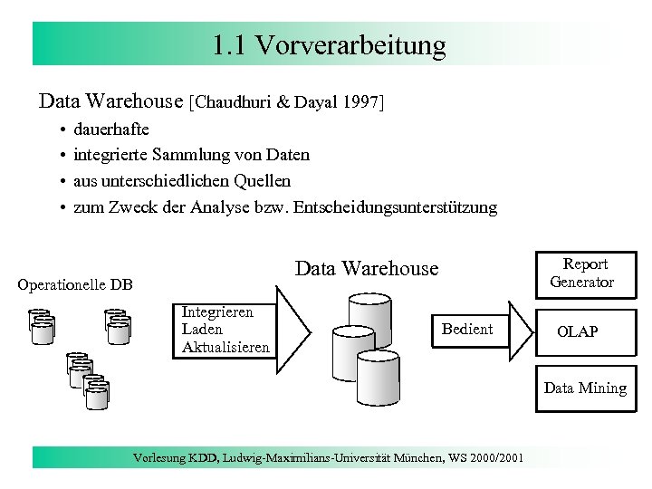 1. 1 Vorverarbeitung Data Warehouse [Chaudhuri & Dayal 1997] • • dauerhafte integrierte Sammlung