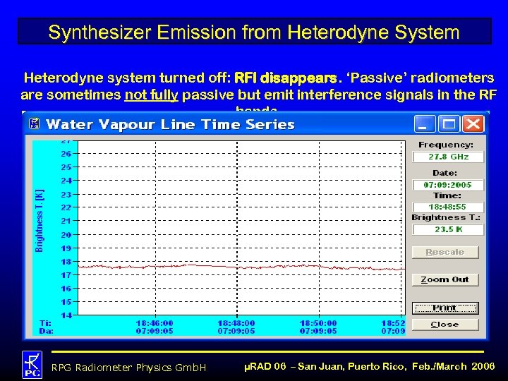 Synthesizer Emission from Heterodyne System Heterodyne system turned off: RFI disappears. ‘Passive’ radiometers are