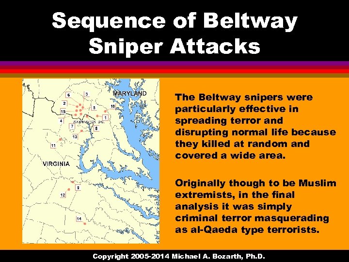 Sequence of Beltway Sniper Attacks The Beltway snipers were particularly effective in spreading terror