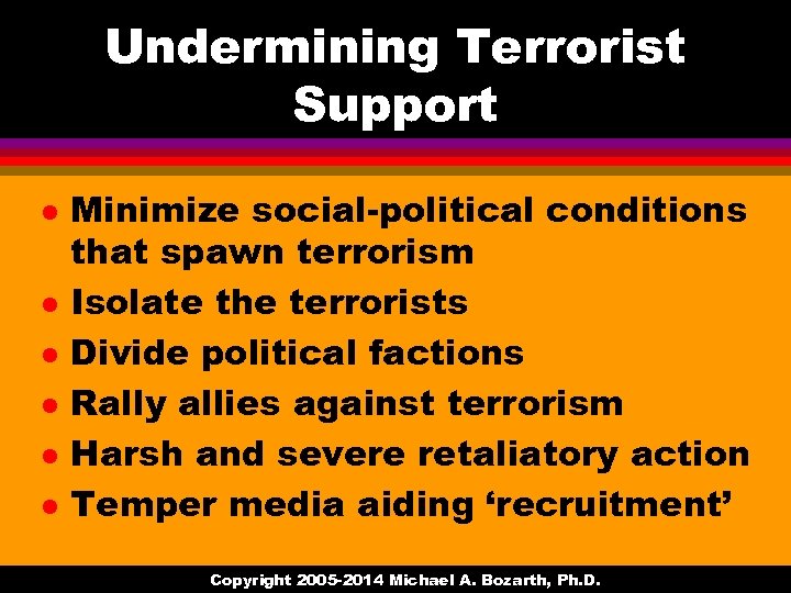 Undermining Terrorist Support l l l Minimize social-political conditions that spawn terrorism Isolate the