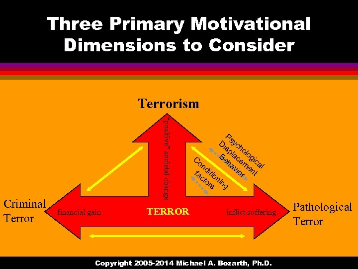 Three Primary Motivational Dimensions to Consider Terrorism “positive” societal change Criminal Terror financial gain