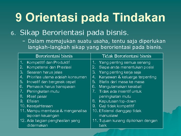 9 Orientasi pada Tindakan 6. Sikap Berorientasi pada bisnis. – Dalam memajukan suatu usaha,