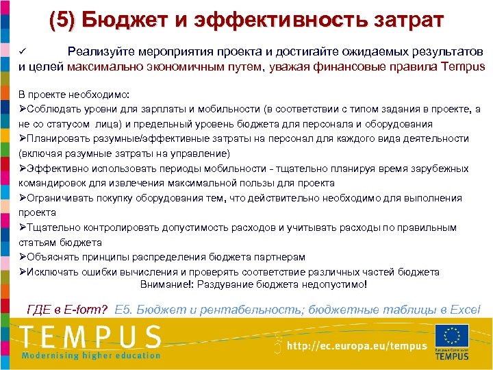 (5) Бюджет и эффективность затрат Реализуйте мероприятия проекта и достигайте ожидаемых результатов и целей