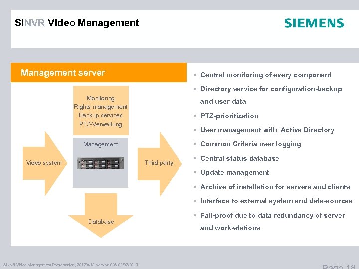 Si. NVR Video Management server § Central monitoring of every component § Directory service