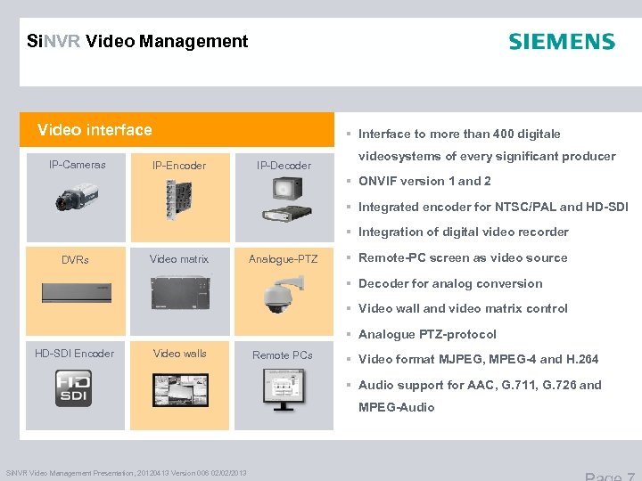 Si. NVR Video Management Video interface IP-Cameras § Interface to more than 400 digitale