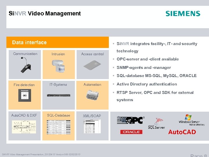 Si. NVR Video Management Data interface Communication § Si. NVR integrates facility-, IT- and