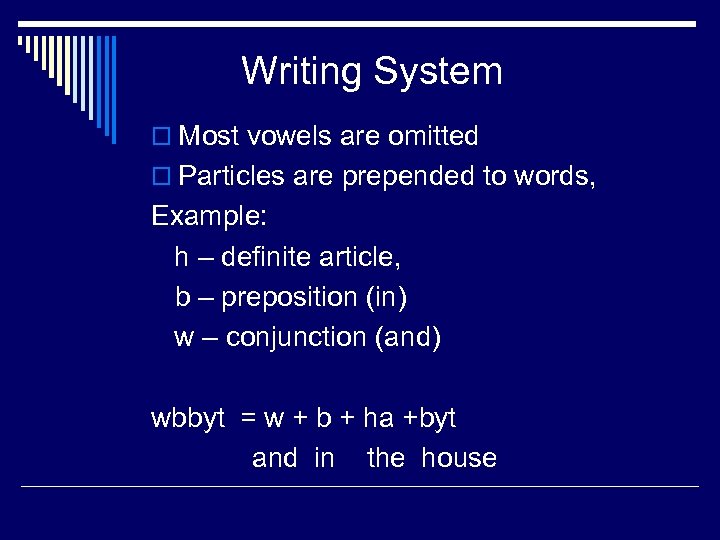 Writing System o Most vowels are omitted o Particles are prepended to words, Example: