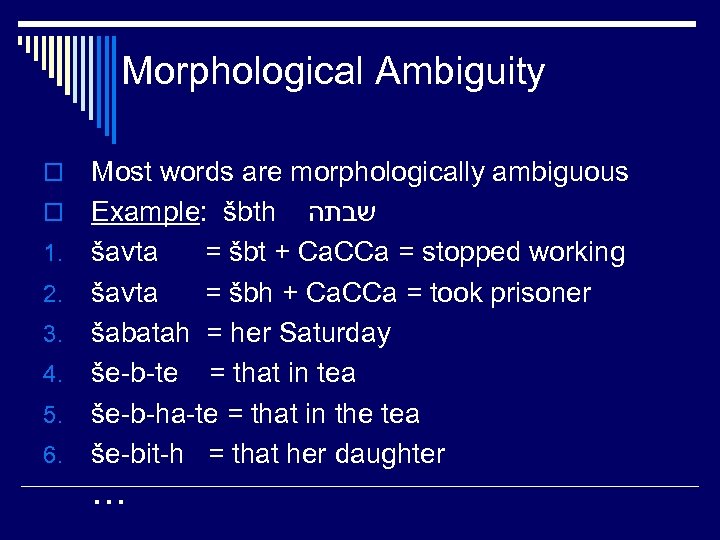 Morphological Ambiguity o o 1. 2. 3. 4. 5. 6. Most words are morphologically