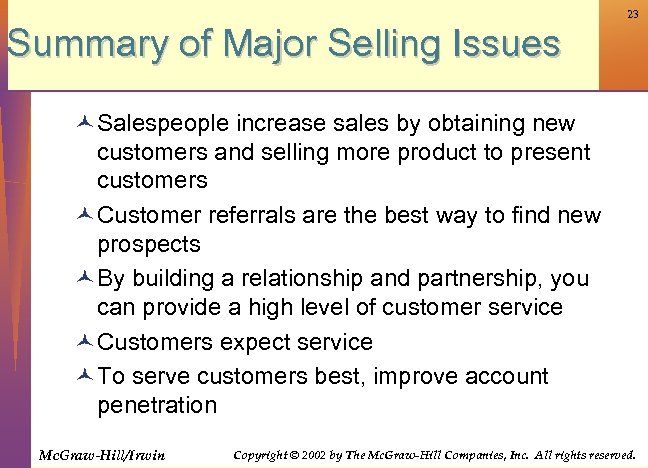 23 Summary of Major Selling Issues © Salespeople increase sales by obtaining new customers