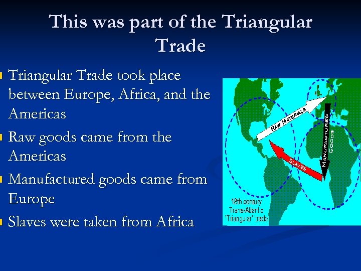 This was part of the Triangular Trade took place between Europe, Africa, and the