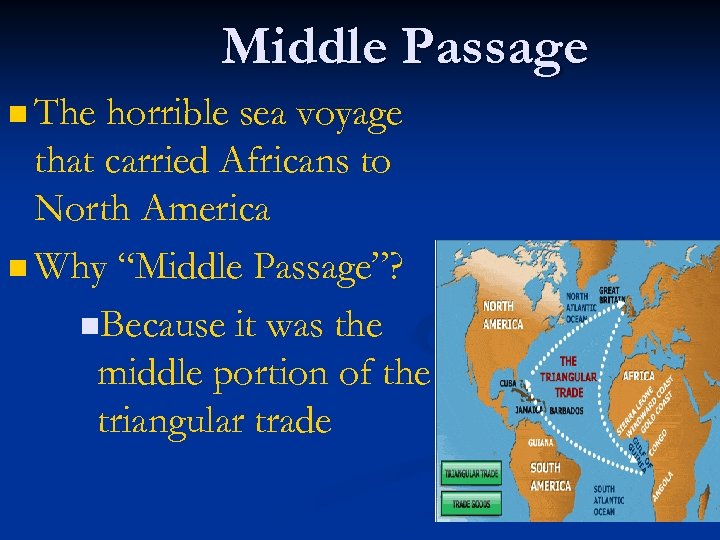 Middle Passage n The horrible sea voyage that carried Africans to North America n