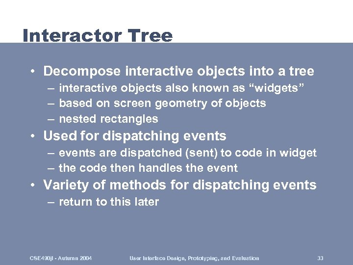 Interactor Tree • Decompose interactive objects into a tree – interactive objects also known