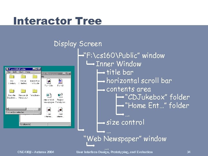 Interactor Tree Display Screen CSE 490 jl - Autumn 2004 “F: cs 160Public” window