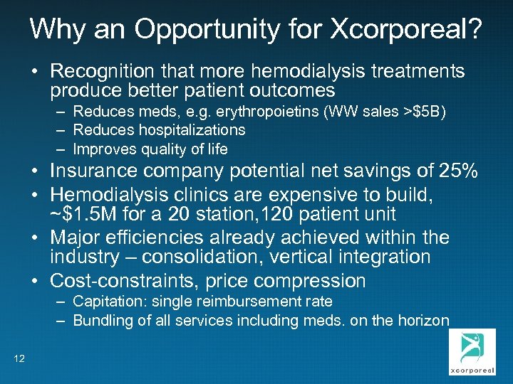 Why an Opportunity for Xcorporeal? • Recognition that more hemodialysis treatments produce better patient