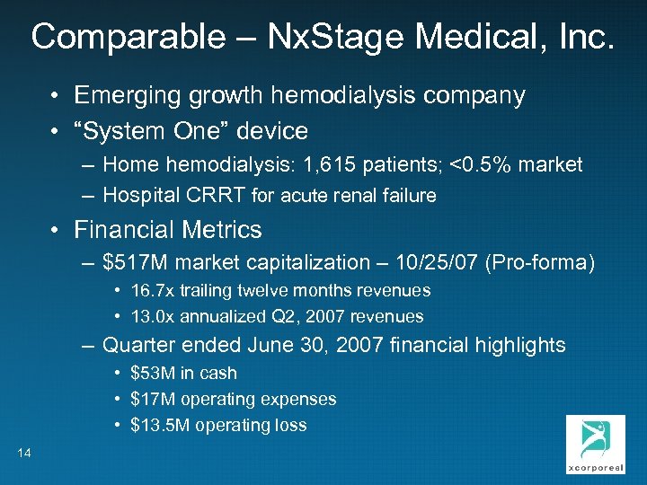 Comparable – Nx. Stage Medical, Inc. • Emerging growth hemodialysis company • “System One”