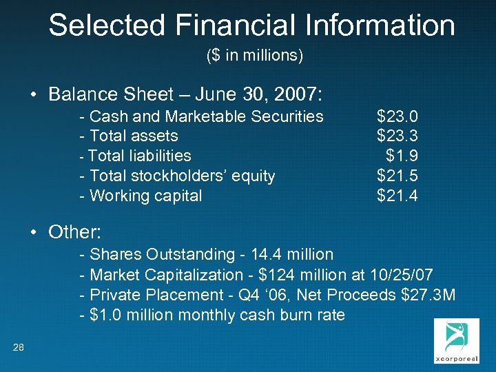 Selected Financial Information ($ in millions) • Balance Sheet – June 30, 2007: -