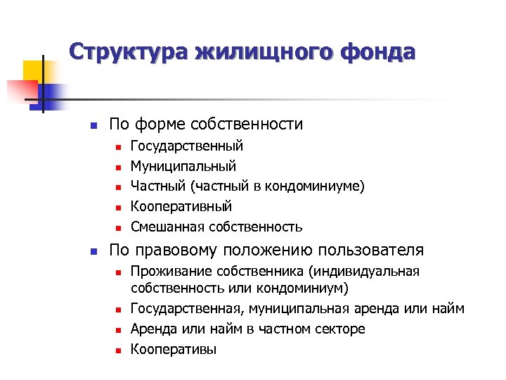 Структура жилищного фонда n По форме собственности n n n Государственный Муниципальный Частный (частный
