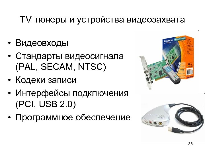 TV тюнеры и устройства видеозахвата • Видеовходы • Стандарты видеосигнала (PAL, SECAM, NTSC) •