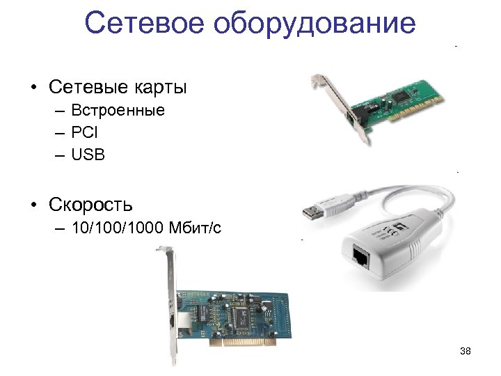Сетевое оборудование • Сетевые карты – Встроенные – PCI – USB • Скорость –