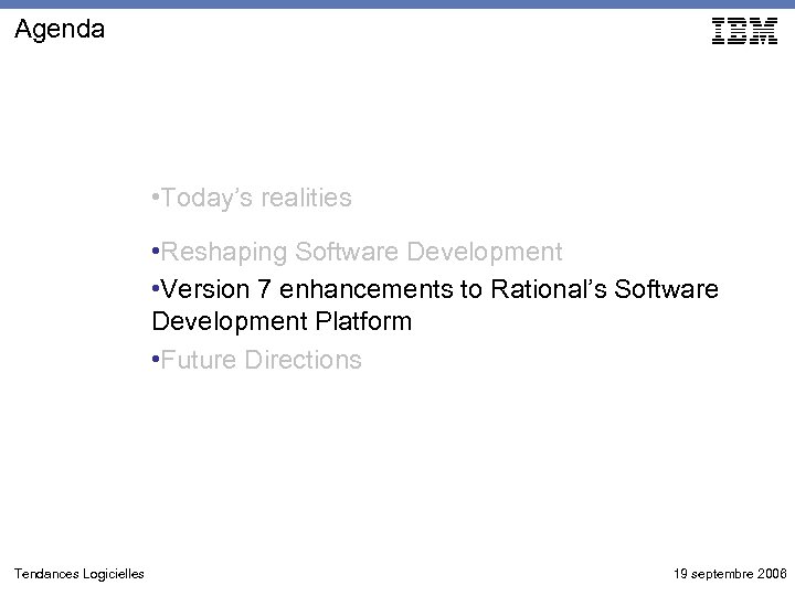 Agenda • Today’s realities • Reshaping Software Development • Version 7 enhancements to Rational’s