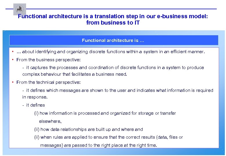 Functional architecture is a translation step in our e-business model: from business to IT