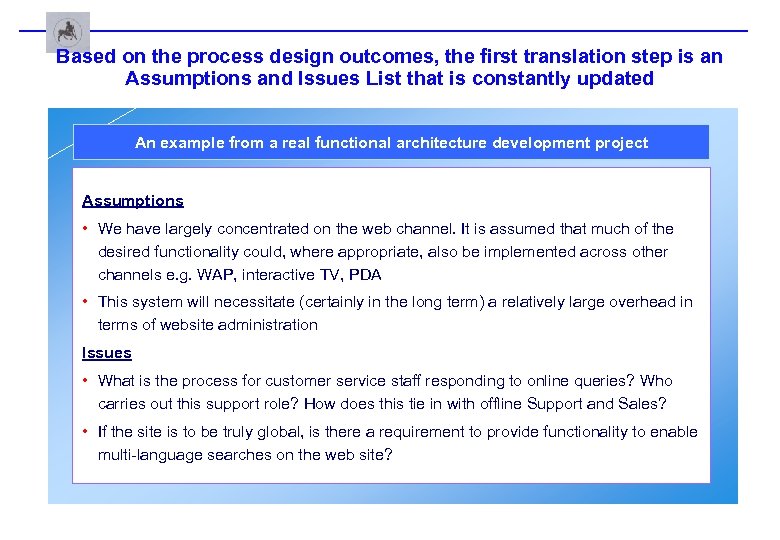 Based on the process design outcomes, the first translation step is an Assumptions and