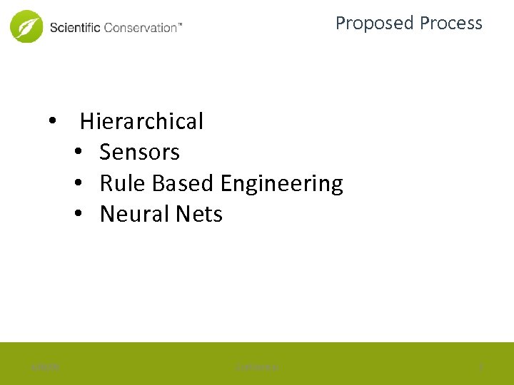 Proposed Process • Hierarchical • Sensors • Rule Based Engineering • Neural Nets 4/08/09