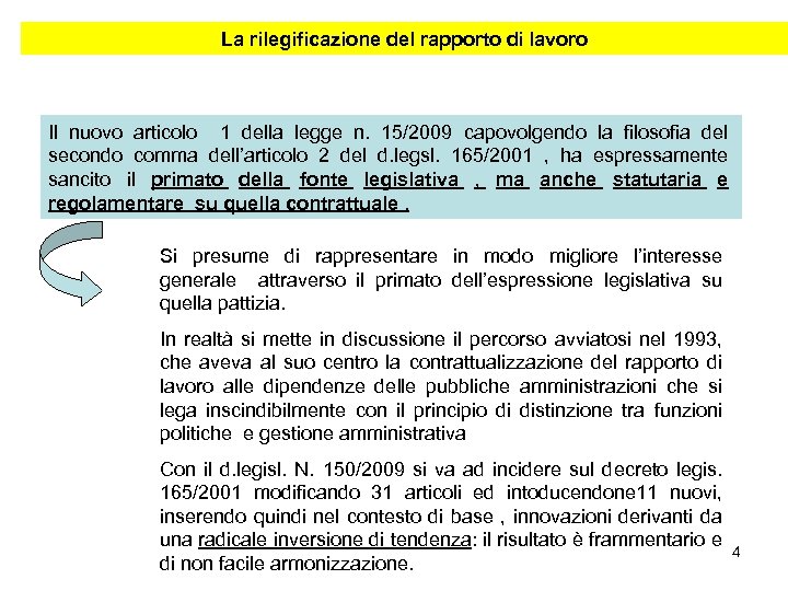 La rilegificazione del rapporto di lavoro Il nuovo articolo 1 della legge n. 15/2009