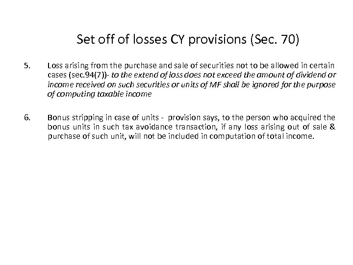 Set off of losses CY provisions (Sec. 70) 5. Loss arising from the purchase