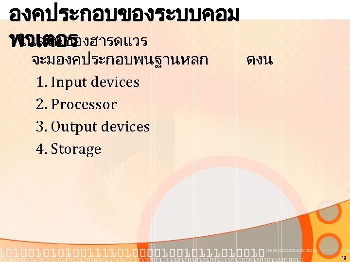 องคประกอบของระบบคอม ในสวนของฮารดแวร พวเตอร จะมองคประกอบพนฐานหลก 1. Input devices 2. Processor 3. Output devices 4. Storage