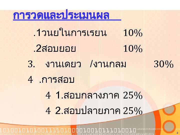 การวดและประเมนผล. 1วนยในการเรยน 10% . 2สอบยอย 10% 3. งานเดยว /งานกลม 30% 4. การสอบ 4 1.