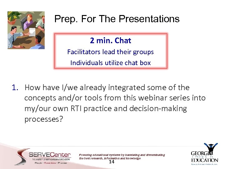 Prep. For The Presentations 2 min. Chat Facilitators lead their groups Individuals utilize chat