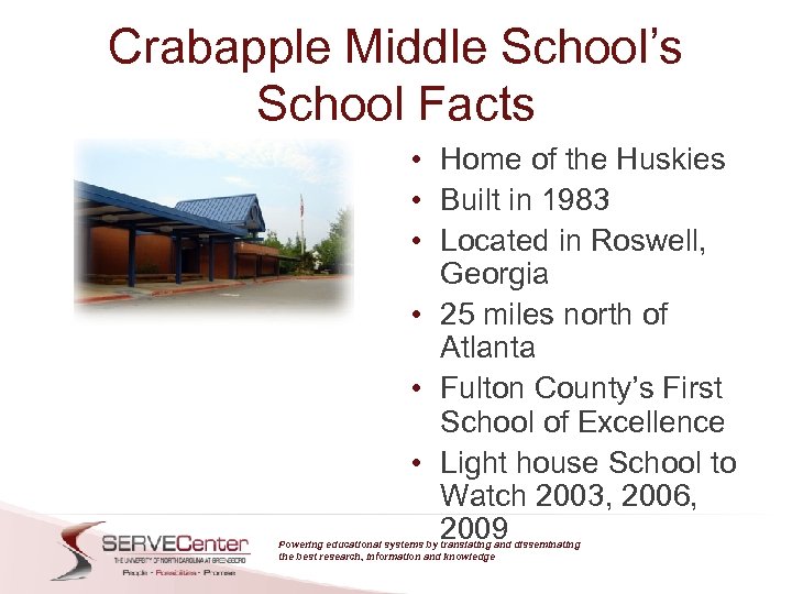 Crabapple Middle School’s School Facts • Home of the Huskies • Built in 1983