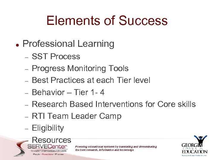 Elements of Success Professional Learning SST Process Progress Monitoring Tools Best Practices at each