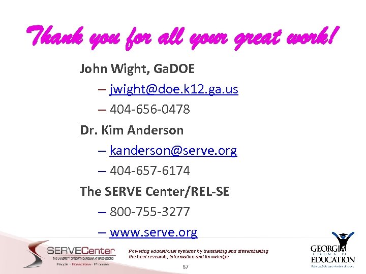 Thank you for all your great work! John Wight, Ga. DOE – jwight@doe. k