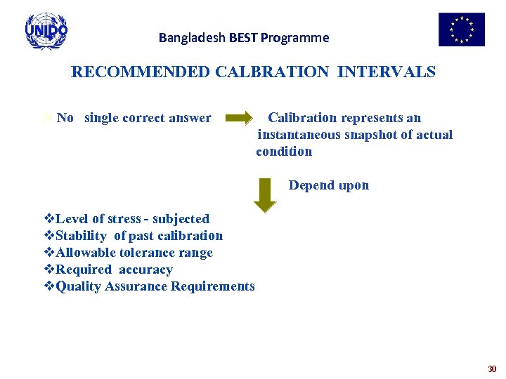 Bangladesh BEST Programme RECOMMENDED CALBRATION INTERVALS N No single correct answer Calibration represents an