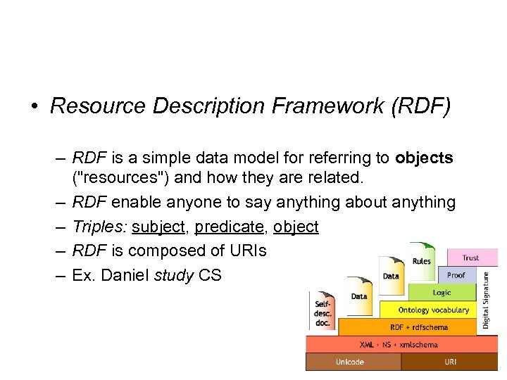  • Resource Description Framework (RDF) – RDF is a simple data model for