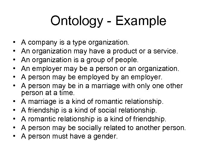 Ontology - Example • • • A company is a type organization. An organization