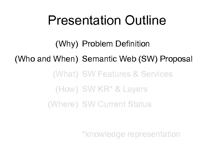 Presentation Outline (Why) Problem Definition (Who and When) Semantic Web (SW) Proposal (What) SW