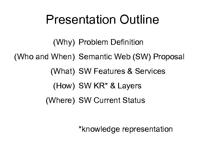 Presentation Outline (Why) Problem Definition (Who and When) Semantic Web (SW) Proposal (What) SW