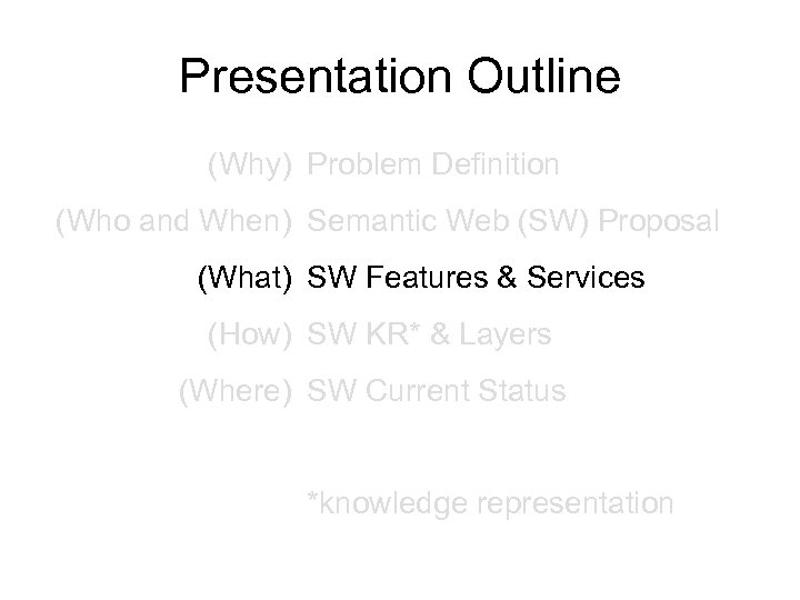 Presentation Outline (Why) Problem Definition (Who and When) Semantic Web (SW) Proposal (What) SW