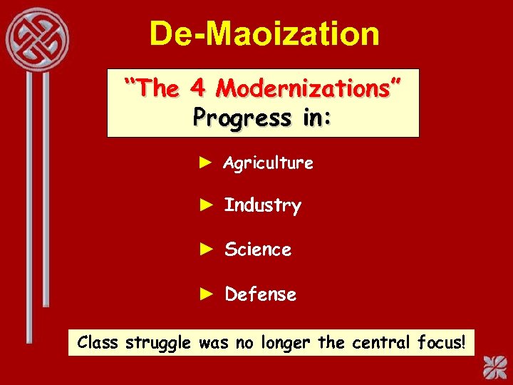 De-Maoization “The 4 Modernizations” Progress in: ► Agriculture ► Industry ► Science ► Defense