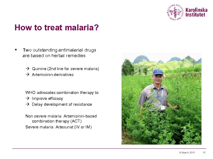 How to treat malaria? § Two outstanding antimalarial drugs are based on herbal remedies