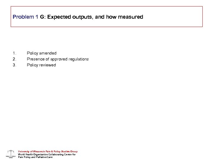 Problem 1 G: Expected outputs, and how measured 1. 2. 3. Policy amended Presence