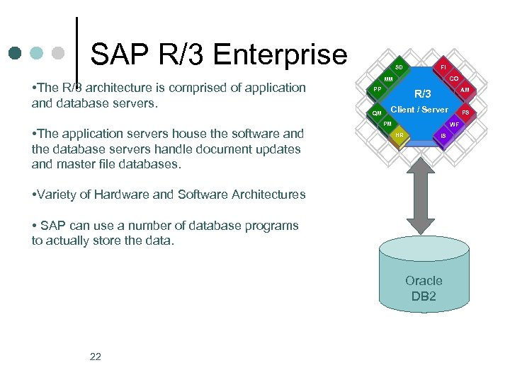 SAP R/3 Enterprise • The R/3 architecture is comprised of application and database servers.