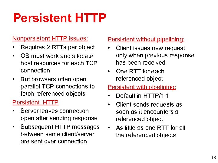 Persistent HTTP Nonpersistent HTTP issues: • Requires 2 RTTs per object • OS must