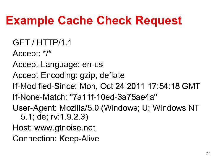 Example Cache Check Request GET / HTTP/1. 1 Accept: */* Accept-Language: en-us Accept-Encoding: gzip,